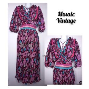 Mosaic vintage accordion pleated blouson dress ruffle floral pink size small M